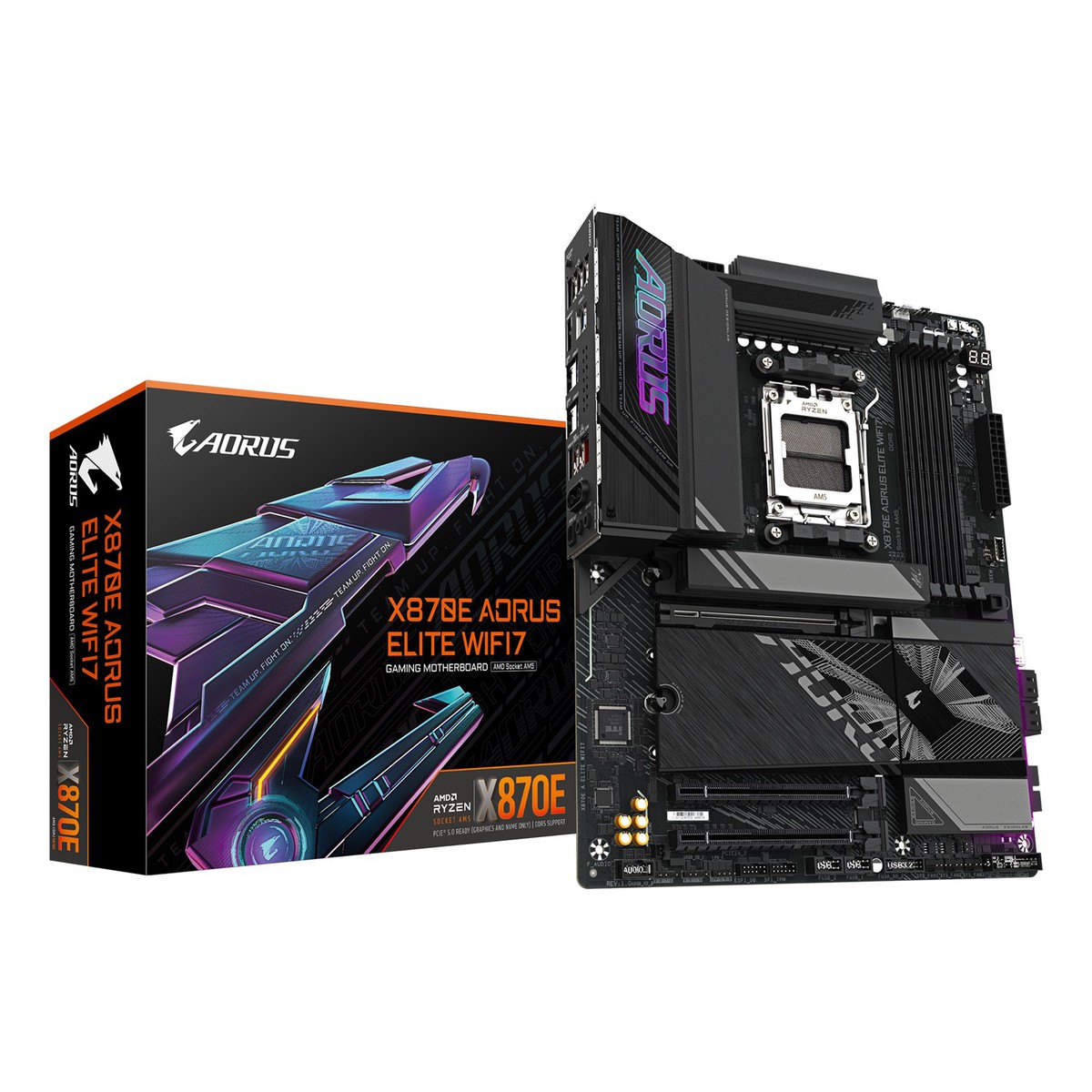 GIGABYTE X870E AORUS ELITE WIFI7 Motherboard - Supports AMD Ryzen 9000 CPUs  16+2+2 Phases Digital VRM  up to 8000Hz DDR5 (OC)  3xPCIe 5.0 + 1xPCIe 4.0  Wi-Fi 7  2.5GbE LAN  USB 4