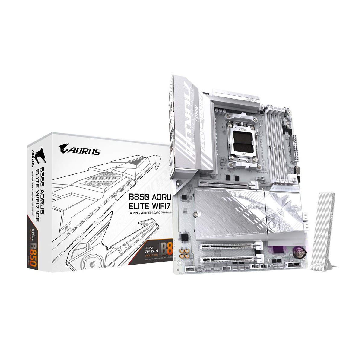 GIGABYTE B850 AORUS ELITE WIFI7 ICE Motherboard - AMD Ryzen 9000 Series CPUs  12+2+1 Phases Digital VRM  up to 8200MHz DDR5 (OC)  1xPCIe 5.0 + 2xPCIe 4.0 M.2  2.5 LAN  WIFI 7  USB 3.2 Gen 2x2