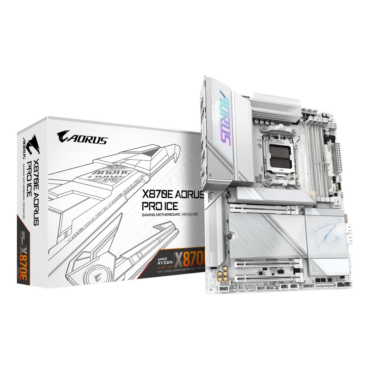 GIGABYTE X870E AORUS PRO ICE Motherboard - Supports AMD Ryzen 9000 CPUs  16+2+2 Phases Digital VRM  up to 8000MHz DDR5 (OC)  3xPCIe 5.0 + 1xPCIe 4.0  Wi-Fi 7  2.5GbE LAN  USB 4
