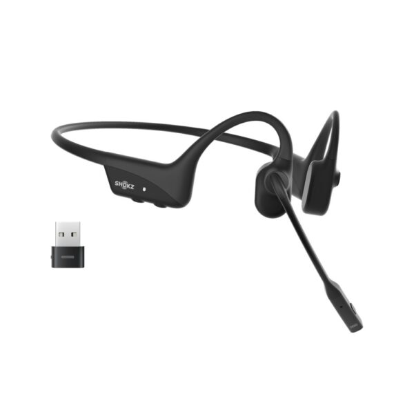 SHOKZ OpenComm2 UC 2025 Upgrade Wireless Bluetooth Bone Conduction Videoconferencing Headset with USB-C Charging Port and USB-A adapter | 16 Hr Talk Time  29m Wireless Range  1 Hr Charge Time | Includes Noise Cancelling Boom Mic and Dongle  Black